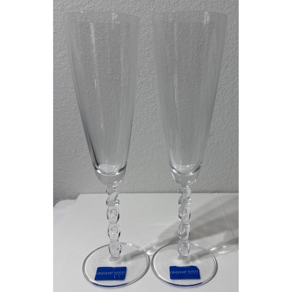 Oneida Schott Millennial Champagne Flutes 2000 Stem Y2K Celebratory Glasses Pair